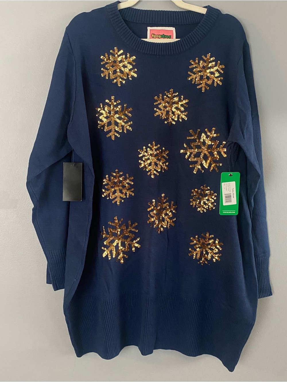 Tipsy Elves Navy Sweater Dress with Gold Sequin Snowflakes NWT